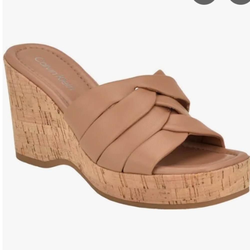 Calvin Klein Tan Wedge Sandals with Cork Platform